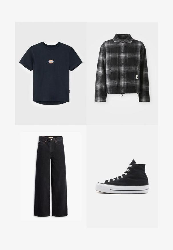 Zwart-wit geblokte flanellen jas met een kraag, knopen aan de voorkant en een verstelbare koordzoom. Inclusief een logopatch op de zak.; Zwarte katoenen t-shirt met korte mouwen, ronde hals, en een klein multikleurig logo op de borst. Rechte zoom met een iets langere achterkant.; Zwarte brede jeans gemaakt van denim, met vijf zakken, koperen klinknagels en een klassieke knoopsluiting. Glad van textuur met een strakke uitstraling.; Zwart hoge canvas sneakers met een witte rubberen neus, witte veters en een textuur op het zwarte bovenwerk. Zwart-witte gestreepte tussenzool.