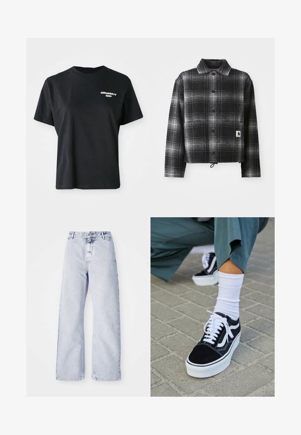 Veste en flanelle à carreaux noir et blanc avec un col, des boutons à l'avant et un ourlet ajustable avec cordon de serrage. Comprend une patch logo sur la poche.; T-shirt en coton noir avec un col rond et des manches courtes. Dispose d'un logo graphique blanc sur la partie supérieure gauche de la poitrine.; Jean en denim bleu clair à jambes larges, taille haute, avec fermeture à bouton et design à cinq poches. Texture douce et détails de couture visibles.; Baskets en suède noir avec des accents et des lacets blancs, présentant une épaisse semelle blanche et des coutures contrastantes, associées à une chaussette blanche.