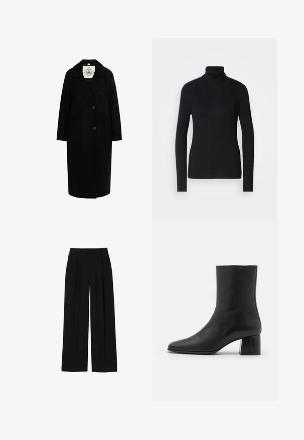 Lange zwarte mantel met enkele knoopsluiting, brede revers, twee knopen, zijzakken en een wit label aan de binnenkant van de kraag.; Zwarte geribde turtleneck trui met lange mouwen. Gemaakt van gebreid materiaal met een slim-fit ontwerp. Gladde textuur en hoge halsdetail.; Zwarte broek met hoge taille, wijde pijpen, riemlussen en voorvouwen, afgebeeld op een witte achtergrond.; Zwarte leren enkelboot met een spitse neus en een chunky vierkante hak. Glad oppervlak met een naadloos ontwerp en minimalistische stiksels.