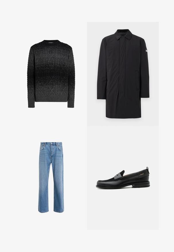 Sort lang frakke med krave, to sidelommer og et subtilt logo-patch på ærmet, lavet af glat, let stof.; Sort strikket sweater med rund halsudskæring, der har et struktureret kabelstrik mønster, ribbede manchetter og kant, som gradvist mørkner fra mørkegrå til sort.; Lyseblå denim jeans med lige ben-design, fem lommer, knaplukning, minimal falming og kontraststingdetaljer.; Sort læderloafer med grå remdetalje, lav hæl og tekstureret sål, mærket med "HUGO" i guld på siden.
