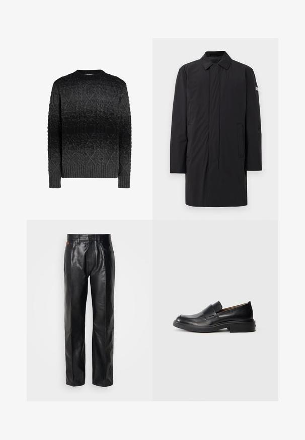 Sort lang frakke med krave, to sidelommer og et subtilt logo-patch på ærmet, lavet af glat, let stof.; Sort strikket sweater med rund halsudskæring, der har et struktureret kabelstrik mønster, ribbede manchetter og kant, som gradvist mørkner fra mørkegrå til sort.; Sorte læderbukser med lige ben design. Funktioner inkluderer knaplukning og forlommer, der fremhæver en glat tekstur og minimal syning.; Sorte læder slip-on dress sko med lav hæl og subtil Calvin Klein logo på siden, vist i profil på en hvid baggrund.