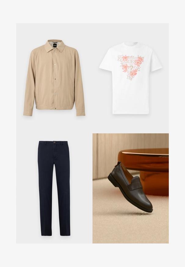 Beige letvægtsjakke med lange ærmer, trykknapper foran, sidelommer og en klassisk krave, hængende mod en hvid baggrund.; Hvid bomulds t-shirt med et trekantet logo med blomsteraccenter i koral og guld. Korte ærmer og rund halsudskæring.; Marineblå bomuldsbukser med lige ben, foran lynlås og enkelt knaplukning. Glat tekstur uden synlige mønstre.; Mørkebrun læderloafer med lav hæl svævende over beige tæppe, ved siden af et blankt, afrundet bord i ravfarve.