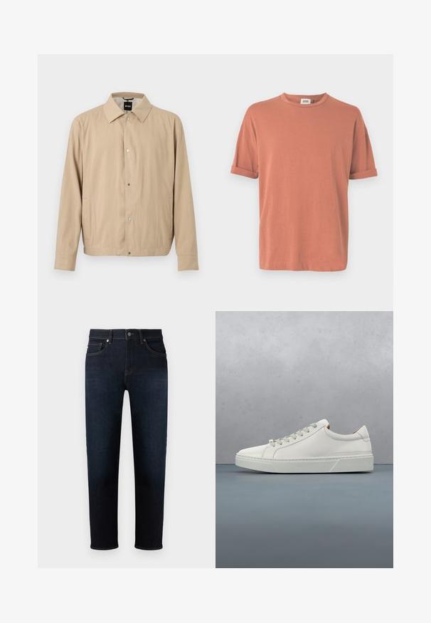 Beige lichtgewicht jack met lange mouwen, drukknoopsluiting aan de voorkant, zijzakken en een klassieke kraag, hangend tegen een witte achtergrond.; T-shirt met korte mouwen in stofroze kleur, gemaakt van zachte stof, met een ronde hals en opgerolde mouwen in een ontspannen pasvorm.; Donkerblauwe denim jeans met een rechte pijpdesign, voorzien van vijf zakken, contrasterende stiksels en een knoopsluiting aan de voorkant.; Witte leren sneaker met een ronde neus, minimalistisch ontwerp, grijze veters en een gestructureerde grijze rubberen zool. Fijne stikdetails zichtbaar.