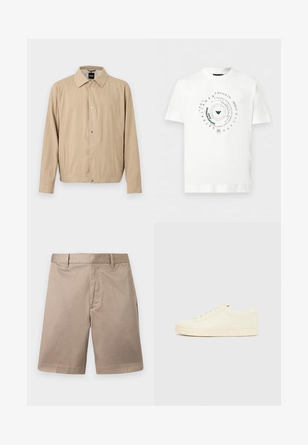 Veste légère beige à manches longues, boutons-pression sur le devant, poches latérales et col classique, suspendue sur un fond blanc.; T-shirt blanc à manches courtes avec un design de texte en spirale circulaire comprenant "Emporio Armani Milano", "Established 1981" et un logo stylisé vert au centre.; Shorts chino beige jusqu'au genou avec passants pour ceinture, couture avant et taille ajustée, présentés sur un fond uni.; Baskets couleur crème avec une tige en cuir lisse, bout arrondi, laçage à l'avant et semelle en caoutchouc texturée. Design minimaliste, sans logo.