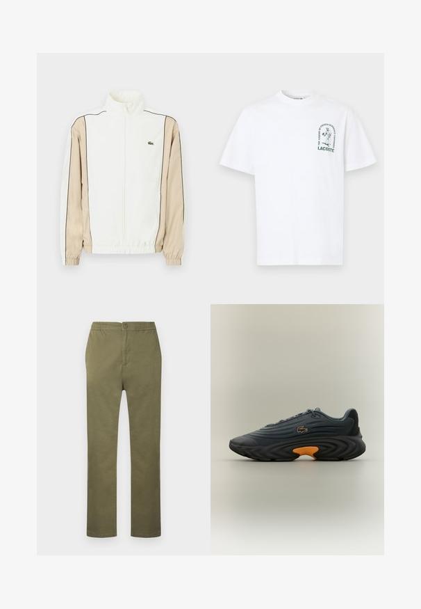 Chaqueta blanca con cremallera, con tejido beige en las mangas, ribetes negros y un pequeño logo verde en el pecho. Presenta puños y dobladillo elásticos.; Camiseta de algodón blanca de manga corta, con cuello redondo y una impresión gráfica verde que presenta un jugador de tenis y texto en el lado izquierdo del pecho.; Pantalones de algodón ligeros de color verde oliva, con cintura elástica, cierre de botón y diseño de pierna recta. Sin patrones ni detalles visibles.; Zapatillas Lacoste en gris oscuro con parte superior texturizada, suela curva negra prominente y acento naranja brillante en el talón. Diseño con cordones y logo.