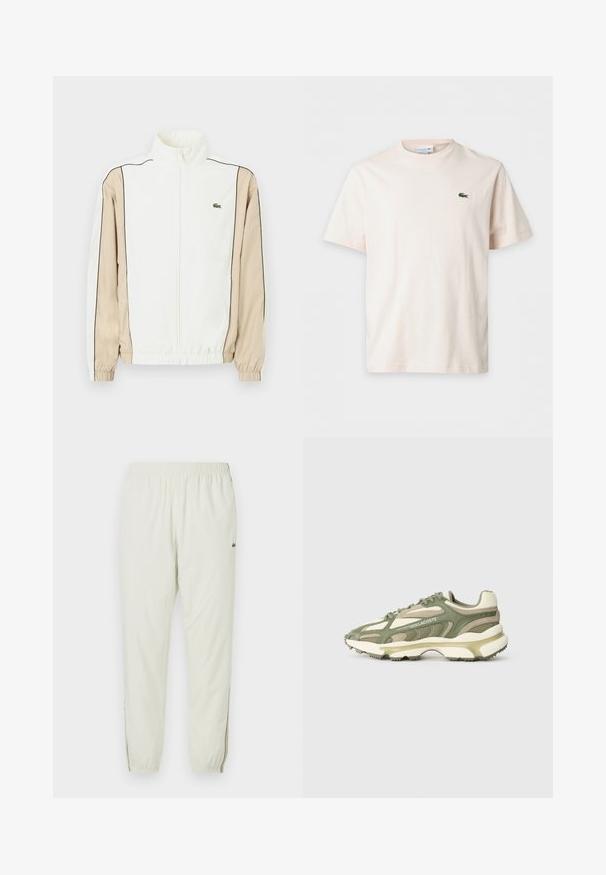 Veste blanche zippée avec un tissu beige sur les manches, un piping noir et un petit logo vert sur la poitrine. Comporte des poignets et un ourlet élastiques.; T-shirt uni beige clair à manches courtes avec col rond et petit logo crocodile vert sur la poitrine gauche.; Jogging léger crème avec une taille élastique, des chevilles resserrées, des fentes latérales et un petit logo vert sur la cuisse supérieure.; Baskets athlétiques vertes et beige avec empeigne en mesh et suède, semelle intermédiaire texturée, système de laçage visible et détail de logo en relief.