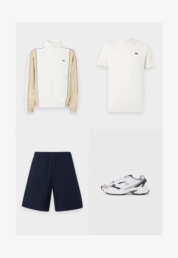 Veste blanche zippée avec un tissu beige sur les manches, un piping noir et un petit logo vert sur la poitrine. Comporte des poignets et un ourlet élastiques.; T-shirt blanc à manches courtes avec col rond, doté d'un petit logo rouge et orange sur le côté gauche de la poitrine, sur un fond uni.; Shorts décontractés bleu marine avec une taille élastique et une coupe droite, présentés sur un fond blanc uni.; Chaussure de sport blanche avec des accents argent et noir, tige en mesh, semelle texturée et un design épuré avec un logo sur le côté.