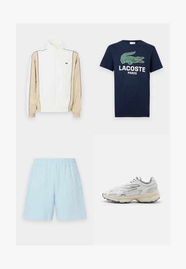Veste blanche zippée avec un tissu beige sur les manches, un piping noir et un petit logo vert sur la poitrine. Comporte des poignets et un ourlet élastiques.; T-shirt bleu marine avec un logo crocodile vert et le texte blanc "LACOSTE PARIS" sur le devant, manches courtes, col rond.; Shorts en coton bleu clair avec une taille élastique et des poches latérales. Présente un détail de logo subtil sur le côté gauche. Design décontracté.; Baskets de sport blanches avec des accents gris, tige en maille et synthétique, design à lacets et semelle en caoutchouc texturée avec motifs de traction.