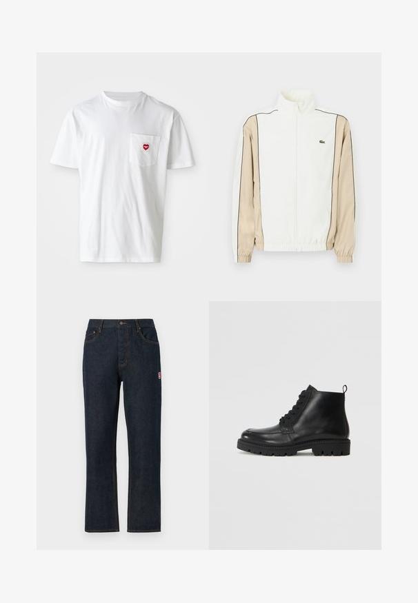 Hvid zip-up jakke med beige stof på ærmerne, sort piping, og et lille grønt logo på brystet. Har elastiske manchetter og kant.; Hvid bomulds T-shirt med rund halsudskæring og korte ærmer. Har et lille rødt hjerte-logo på venstre brystlomme.; Mørkeblå denim jeans med lige ben, klassisk fem-lomme design, lukning med øverste knap og kontrastfyldt orange syning. Rød logo patch på siden.; Sorte læder ankelstøvler med rund tå, snørebånd fortil og tekstureret gummisål. Inkluderer en løkke ved hælen for nem påføring.