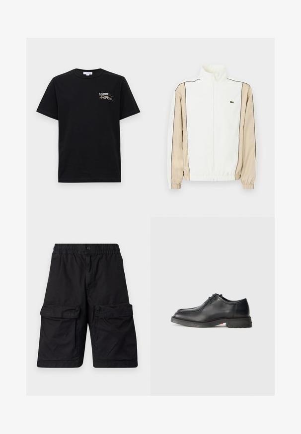 Hvid zip-up jakke med beige stof på ærmerne, sort piping, og et lille grønt logo på brystet. Har elastiske manchetter og kant.; Sort bomulds T-shirt med korte ærmer, rund hals og et broderet "LACOSTE" logo med bjerggrafik på venstre bryst.; Sorte shorts lavet af slidstærkt stof med elastisk talje, to store cargo-lommer på hver side og syet detaljering.; Sorte lædersko med glat tekstur, rund tå og lav, præget syning. Tykk gummisål med let hæl og skridsikker mønster.