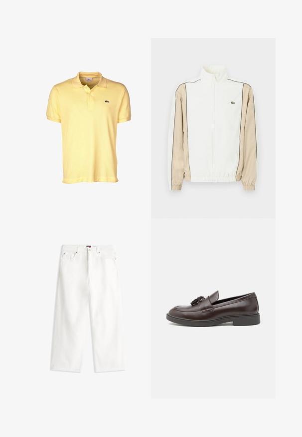 Veste blanche zippée avec un tissu beige sur les manches, un piping noir et un petit logo vert sur la poitrine. Comporte des poignets et un ourlet élastiques.; Polo jaune en coton, doté d'une patte de boutonnage à deux boutons, de manches courtes et d'un petit logo crocodile noir sur la poitrine.; Jean blanc à taille haute et jambes larges avec bouton et fermeture éclair à l'avant, cinq poches, et une petite étiquette logo sur la ceinture.; Mocassins en cuir marron avec un bout arrondi, un gland décoratif, des coutures raffinées et un petit talon en caoutchouc pour un confort supplémentaire.