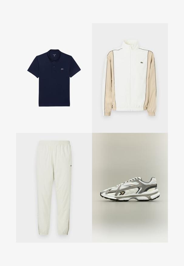 Hvid zip-up jakke med beige stof på ærmerne, sort piping, og et lille grønt logo på brystet. Har elastiske manchetter og kant.; Mørkeblå polo-shirt lavet af bomuld; har en klassisk krave, korte ærmer og et lille hvidt broderet logo på venstre bryst.; Creme letvægts joggere med elastisk talje, manchetter ved anklerne, sideåbninger og et lille grønt logo på den øverste lår.; Sportssko med en hvid mesh-overdel, grå accenter, sort gummisål og et strømlinet design. Har snørebånd og strukturerede detaljer.