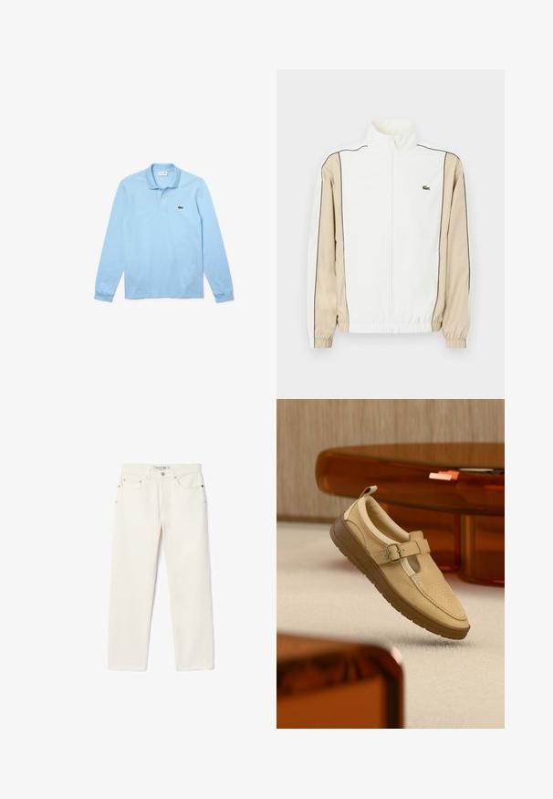 Veste blanche zippée avec un tissu beige sur les manches, un piping noir et un petit logo vert sur la poitrine. Comporte des poignets et un ourlet élastiques.; Polo-shirt à manches longues bleu clair avec col, doté d'un logo Lacoste vert sur la partie gauche de la poitrine. Fabriqué en doux coton.; Jean en denim couleur crème avec une coupe droite, comportant deux poches avant, une fermeture à bouton et un branding subtil près de la taille.; Chaussure beige en cuir à enfiler avec sangle à boucle et semelle en caoutchouc marron, en suspension au-dessus d'un sol recouvert de tapis clair et près d'un meuble translucide ambré.