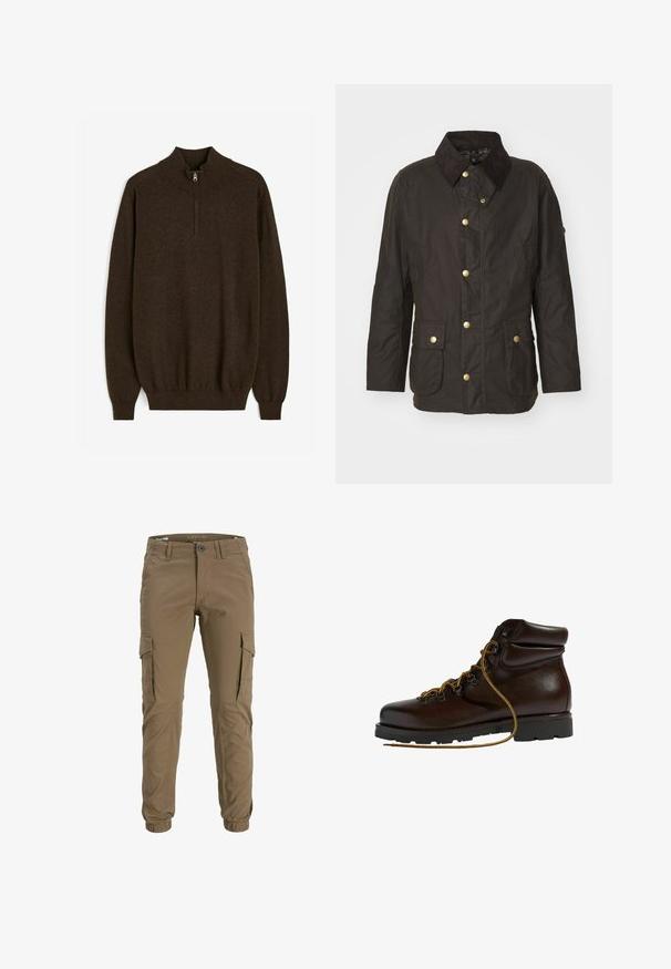 Veste cirée marron avec un col en velours côtelé, des boutons dorés, deux poches frontales et une coupe décontractée. Texture lisse avec une finition légèrement brillante.; Pull en laine marron avec un col montant, fermeture zippée mi-longue et des poignets et un ourlet côtelés. Présente une texture tricotée lisse.; Jack & Jones JPSTPAUL JJFLAKE ANA NOOS - Pantalon cargo - brindle; Bottine de randonnée en cuir marron avec un bout arrondi, surface texturée, lacets jaunes et œillets en métal. Dotée d'une semelle en caoutchouc noir robuste.