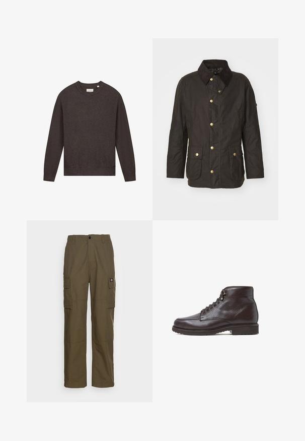 Veste cirée marron avec un col en velours côtelé, des boutons dorés, deux poches frontales et une coupe décontractée. Texture lisse avec une finition légèrement brillante.; Échec de la génération de texte alternatif; Pantalons cargo en vert olive, fabriqués en tissu durable. Présentent deux poches latérales, une taille standard et une coupe droite.; Bottine en cuir marron avec un bout rond, un laçage à l'avant avec des œillets métalliques, une surface texturée et une semelle robuste pour une bonne traction.