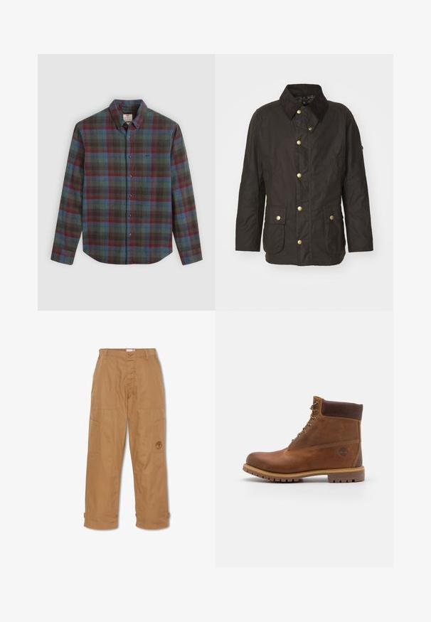 Veste cirée marron avec un col en velours côtelé, des boutons dorés, deux poches frontales et une coupe décontractée. Texture lisse avec une finition légèrement brillante.; Chemise à manches longues pour hommes avec un motif tartan rouge, bleu et vert, col écarté et une poche poitrine.; Pantalons de travail khaki, fabriqués en tissu durable, dotés de plusieurs poches, d'une fermeture à bouton et d'un logo brodé sur la cuisse.; Botte de randonnée en cuir marron avec une finition lisse, cheville rembourrée, œillets en métal et semelle en caoutchouc dotée d'un motif de crampons robuste.