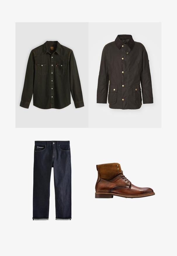 Bruine gewaxte jas met een ribfluwelen kraag, gouden knopen, twee voorkiezen en een casual pasvorm. Soepele textuur met een licht glanzende afwerking.; Zwart denim overhemd met lange mouwen, puntige kraag, twee borstzakken, zilveren knopen en gele stiksels. Klassiek westers ontwerp.; Donkerblauwe spijkerbroek met een klassieke rechte pasvorm, voorzien van vijf zakken, een knoopsluiting en opgerolde boorden met een lichtblauwe voering.; Kazar ALID - Veterboots - brown