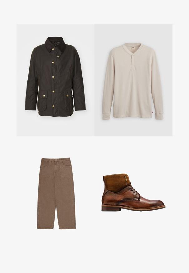 Veste cirée marron avec un col en velours côtelé, des boutons dorés, deux poches frontales et une coupe décontractée. Texture lisse avec une finition légèrement brillante.; T-shirt henley à manches longues en tissu côtelé beige clair, avec un col en V, une patte de boutonnage à trois boutons et des manches à poignets. Étiquette logo rouge à l'ourlet.; Pantalons larges marron en coton, dotés de deux poches avant et d'une fermeture à bouton. Le tissu a une texture douce et une finition mate.; Kazar ALID - Bottines à lacets - brown