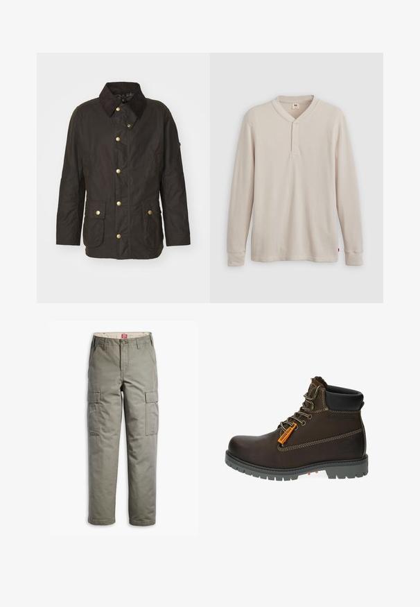 Braune gewachste Jacke mit einem Cordkragen, goldenen Knöpfen, zwei vorderen Taschen und einer lässigen Passform. Glatte Textur mit einem leicht glänzenden Finish.; Langärmliges Henley-Shirt aus leicht beigem Rippstoff mit V-Ausschnitt, Knopfleiste mit drei Knöpfen und angeschnittenen Ärmeln. Roter Logo-Tag am Saum.; Cargo-Hosen in Olivgrün, aus strapazierfähigem Baumwollmix, mit seitlichen Taschen, einem geraden Bein-Design und Knopfverschluss.; Braune Leder-Stiefelette mit grauem Gummisohle, orangefarbenem Akzent-Label und metallischen Ösen. Verfügt über Kontrastnähte und gepolsterte Schuhkragen.