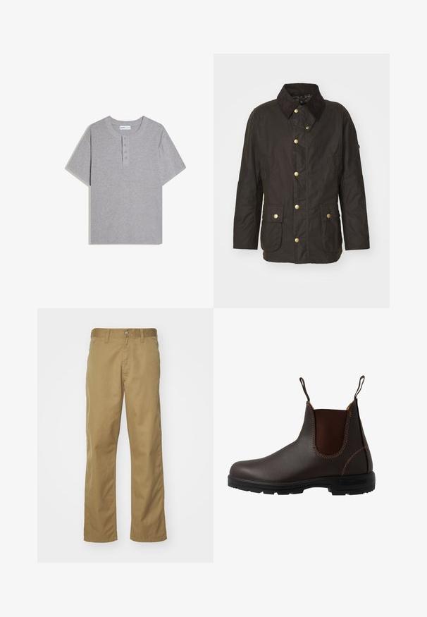 Veste cirée marron avec un col en velours côtelé, des boutons dorés, deux poches frontales et une coupe décontractée. Texture lisse avec une finition légèrement brillante.; T-shirt henley gris côtelé à manches courtes avec col rond et trois boutons sur la patte de boutonnage, posé à plat sur fond blanc.; Chino kaki avec une coupe droite, fabriqué en tissu de coton lisse. Dispose d'une fermeture à bouton à l'avant et de poches latérales.; Botte Chelsea en cuir marron avec panneau latéral élastique, coutures marron, languettes de tirage, et une semelle en caoutchouc durable avec un motif texturé.