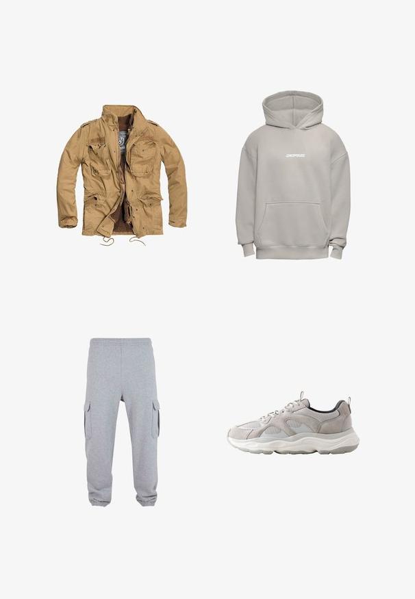 Chaqueta caqui con cremallera frontal, cuatro bolsillos en la parte delantera y forro texturizado. Presenta un cuello alzado y un cordón ajustable en el dobladillo.; Sudadera con capucha de color gris claro, de gran tamaño, con bolsillo en el frente y la palabra "DROPSIZE" impresa en blanco en el pecho.; Pantalones de chándal grises hechos de una tela suave que cuentan con dos bolsillos cargo laterales, cintura elástica y puños elásticos en los tobillos.; Zapatilla deportiva en gris claro y blanco con parte superior de malla y ante, suela gruesa acolchada, cordones y tiradores en la lengüeta y el talón.