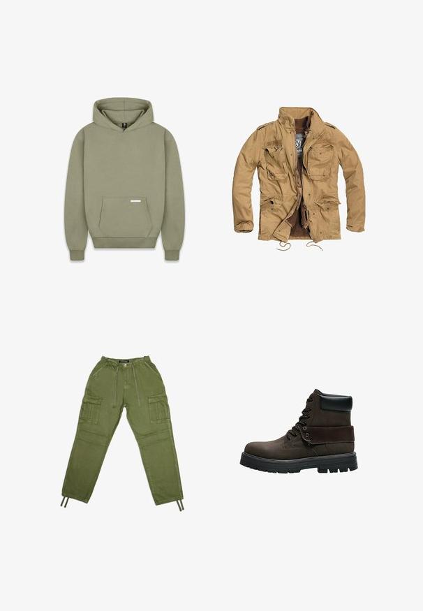 Veste kaki avec fermeture éclair à l'avant, quatre poches avant et doublure texturée. Dispose d'un col montant et d'un cordon de serrage ajustable à l'ourlet.; Sweat-shirt à capuche vert olive, avec des manches longues, une poche kangourou à l'avant, des poignets côtelés, et une petite étiquette sur la poche.; Pantalons cargo vert olive en tissu léger, dotés d'une taille élastique, de cordons de serrage et de plusieurs poches latérales.; Bottine à lacets marron foncé avec col rembourré noir, semelle épaisse en caoutchouc noir et détail de revers plié.