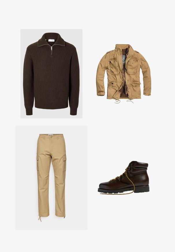 Chaqueta caqui con cremallera frontal, cuatro bolsillos en la parte delantera y forro texturizado. Presenta un cuello alzado y un cordón ajustable en el dobladillo.; Selected Half-zip Knitted Wool Blend - Jersey de punto - chocolate torte; Pantalones cargo color caqui con un corte recto, fabricados en algodón. Las características incluyen bolsillos laterales, cierre de botón y lazos ajustables en los tobillos.; Botas de senderismo de cuero marrón con punta redondeada, superficie texturizada, cordones amarillos y ojales de metal. Cuentan con una suela de goma negra resistente.