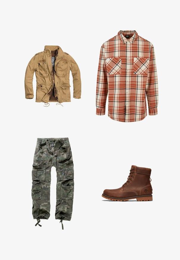 Chaqueta caqui con cremallera frontal, cuatro bolsillos en la parte delantera y forro texturizado. Presenta un cuello alzado y un cordón ajustable en el dobladillo.; Camisa a cuadros en naranja y crema, con acentos negros. Hecha de una tela texturizada, con cuello y dos bolsillos en el pecho.; Pantalones cargo de camuflaje, confeccionados en algodón, con múltiples bolsillos, puños elásticos y un corte holgado con cintura ajustable mediante cordón.; Botín de cuero marrón hasta el tobillo con diseño de cordones, cuello acolchado, costuras en contraste y suela de goma con un patrón de textura.