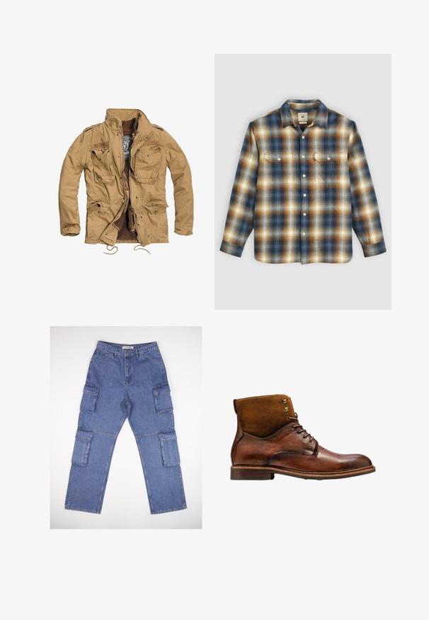 Veste kaki avec fermeture éclair à l'avant, quatre poches avant et doublure texturée. Dispose d'un col montant et d'un cordon de serrage ajustable à l'ourlet.; Chemise en flanelle à carreaux présentant des couleurs bleu, marron et crème, avec deux poches poitrine, des boutons sur le devant et un col classique.; Pantalons cargo en denim bleu avec plusieurs poches latérales, un design à jambe droite et une taille classique. Le tissu a une légère texture et un effet délavé.; Kazar ALID - Bottines à lacets - brown