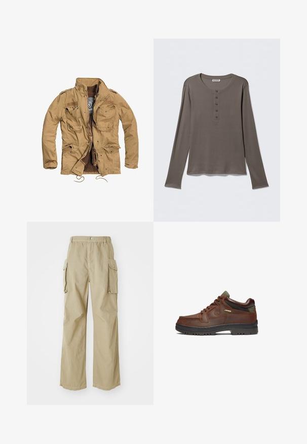 Khaki jakke med lynlåslukning, fire frontlommer og struktureret foring. Har en ståkrave og justerbar snor i kanten.; Grå henley-shirt med lange ærmer, fem knapper og rund halsudskæring, vist på en ensartet hvid baggrund.; Beige cargo bukser med en afslappet pasform, elastisk talje og store sidelommer. Fremstillet af letvægtsstof med en subtil tekstur.; Brun lædersko med et klassisk design, der har snørelukning, grønne detaljer og en robust sort gummisål. GORE-TEX®-mærke synligt.