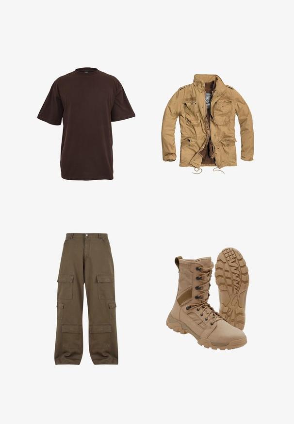 Khakijacke mit einem Reißverschluss vorne, vier Fronttaschen und einem strukturierten Futter. Merkmale sind ein Stehkragen und ein verstellbarer Kordelzug am Saum.; Braunes Baumwoll-T-Shirt mit kurzen Ärmeln, Rundhalsausschnitt und lockerer Passform. Glatte Textur ohne sichtbare Muster oder Akzente.; Cargo-Hosen aus olivgrüner Baumwolle, ausgestattet mit mehreren Seitentaschen, einem Knopfverschluss und einem entspannten Schnitt.; Brauner taktischer Stiefel mit schnürbarem Knöchel-Design und robuster Gummisohle, ein Stiefel steht aufrecht, der andere zeigt das Profil der Sohle.