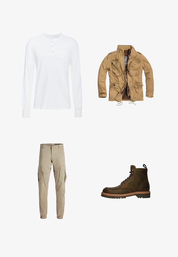 Chaqueta caqui con cremallera frontal, cuatro bolsillos en la parte delantera y forro texturizado. Presenta un cuello alzado y un cordón ajustable en el dobladillo.; Camisa henley de manga larga blanca en tejido ligero, con cuello redondo, tapeta de tres botones y puños ajustados.; Pantalones cargo beige hechos de una tela ligera, con múltiples bolsillos laterales, puños elásticos y una cinturilla estándar. Textura lisa en toda la prenda.; Botín de cuero marrón hasta el tobillo con punta redonda, cordones redondos, suela de goma y entresuela de color marrón claro. Cuenta con un lazo en el talón para facilitar su colocación.