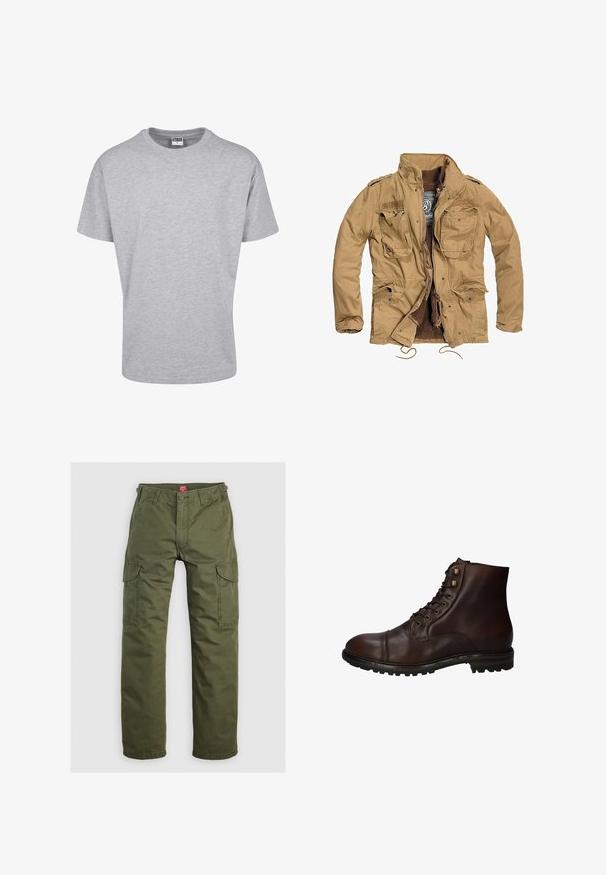 Khaki jas met een ritssluiting aan de voorkant, vier voorzakken en een gestructureerde voering. Beschikt over een staand kraag en een verstelbare trekkoord aan de onderkant.; Grijze katoenen t-shirt met een ronde halslijn en korte mouwen. Eenvoudig ontwerp, geen patronen of accenten. Klassieke ontspannen pasvorm.; Olijfgroene cargobroek gemaakt van duurzame stof, met zijzakken, een knoopsluiting en een rechte pijpdesign.; Donkergrote leren veterschoenen tot de enkels met een robuuste rubberen zool en metalen veters, gezien vanuit de buitenzijde.