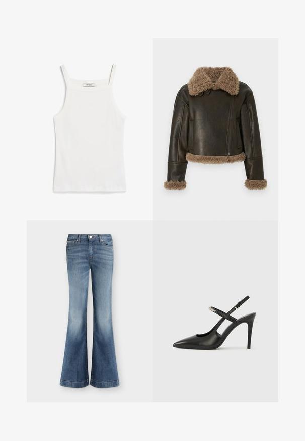 Bruine leren jas met een pluizige beige kraag en manchetten, voorzien van een ritssluiting en een cropped ontwerp.; Witte tanktop met dunne banden, gemaakt van ribkatoenen stof, met een rechte halslijn en een nette afwerking aan de zoom.; Blauwe denim jeans met hoge taille, vijf zakken, knoop aan de voorkant en wijde, uitlopende pijpen.; Zwarte leren slingback pumps met hoge hak, puntige neus, opengewerkt ontwerp en verstelbare band met metalen beslag.