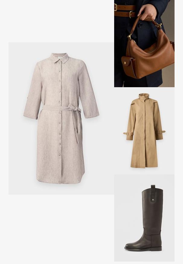 BITE Studios CHET LIGHT - Trenssi - barley; Vaalean beige pellavapuseromekko, jossa on kaulus, pitkät hihat, napitettava etuosa ja yhteensopiva vyö. Mekossa on yksi rintatasku.; Korkeat, tummanruskeat nahkasaappaat, joissa on sileä pinta, pyöreä kärki ja kontrastivärinen ruskea yksityiskohta. Varustettu sivuvetoketjulla ja metallisella painikkeella.; Käsi pitelee ruskeaa nahkaista käsilaukkua, jossa on kullanväriset metalliosat, käytetty tumman asun kanssa, jossa on kaksinkertainen ruskea vyö.