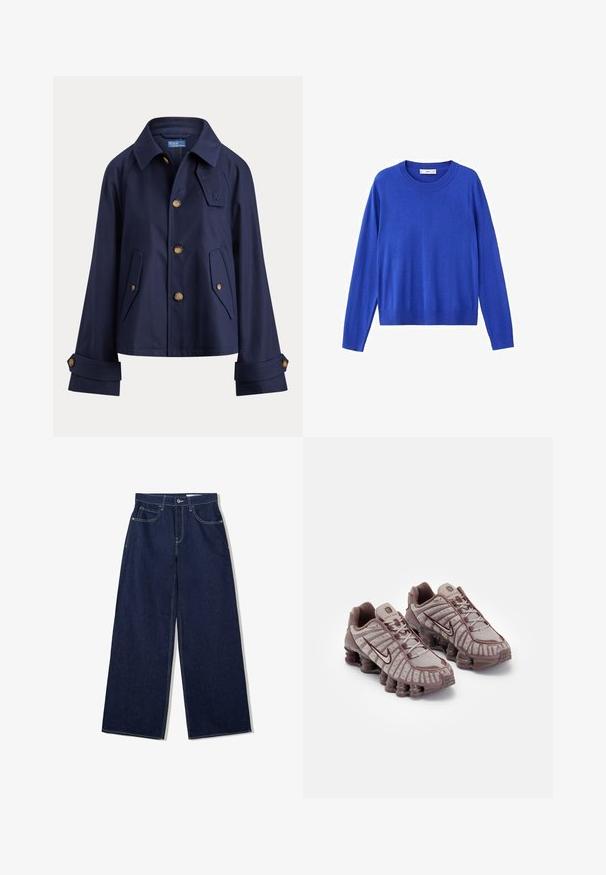 Marineblaue Jacke zum Zuknöpfen mit Kragen, zwei vorderen Klappentaschen, geknöpften Manschetten und einem kleinen Detail am Brustlasche.; Königsblauer Pullover aus weichem Material, mit Rundhalsausschnitt, langen Ärmeln und lockerem Sitz mit geripptem Saum.; Weite, dunkle Jeans mit klassischem Fünf-Taschen-Design. Merkmale sind kontrastierende weiße Nähte und ein hoch geschnittener Bund.; Nike Sportswear SHOX TL - Sneaker low - pumice/night maroon/plum eclipse