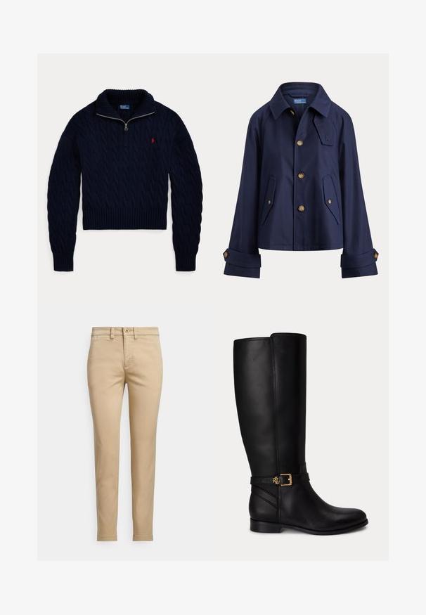 Veste bleu marine à boutons avec col, deux poches avant à rabat, poignets boutonnés et petit détail sur la patte de poitrine.; Pull en maille torsadée bleu marine avec col demi-fermeture éclair et logo Polo Ralph Lauren rouge brodé sur la poitrine.; Chinos en coton beige avec une coupe droite, dotés d'une fermeture à bouton, de poches avant et de détails cousus le long des coutures.; Botte noire en cuir montante jusqu'au genou avec talon bas, boucle dorée et petit logo embossé sur la sangle latérale.