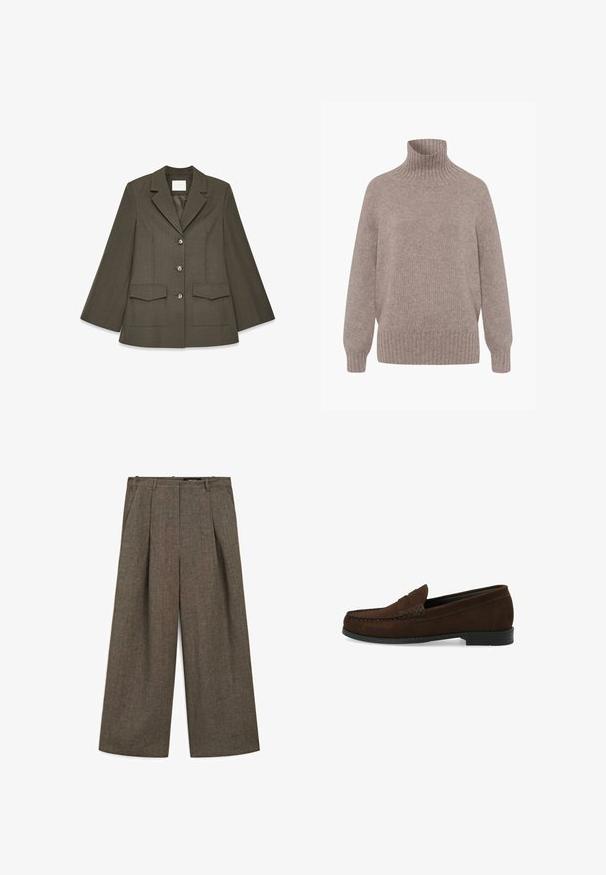Olivengroene blazer met een getailleerde pasvorm, met notch-revers, drie knopen en twee zakken aan de voorkant, gemaakt van een gestructureerde stof.; Beige gebreide coltrui met lange mouwen, geribde manchetten, zoom en kraag, afgebeeld op een witte achtergrond.; Bruine wijde broek met plooien aan de voorkant, zijzakken, riemlussen en een hoge taille.; Bruine suède instapschoenen met een gestikt moccasin-neus, platte zwarte rubberen zool en een decoratieve bovenband en detail.