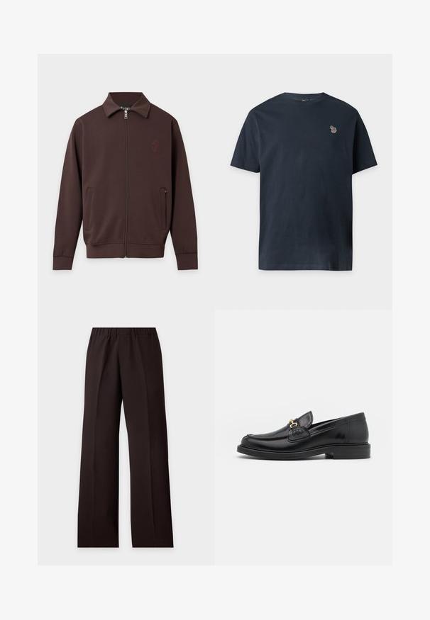 Veste zippée marron foncé avec col, manches longues, deux poches latérales et un logo brodé discret sur la poitrine gauche.; T-shirt bleu marine à manches courtes et col rond avec un petit emblème zèbre multicolore sur la poitrine gauche.; Pantalon noir à jambes larges avec taille élastique et plis droits à l'avant, présenté sur un fond clair uni.; Mocassins en cuir noir avec un embout rond, présentant des accents en métal doré et des détails de couture, montés sur une semelle en caoutchouc texturé et basse.