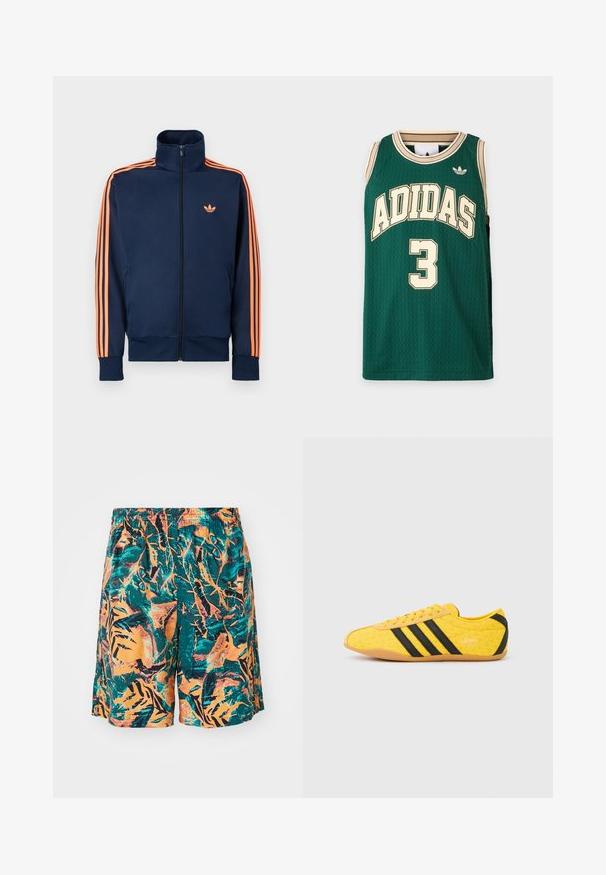 Marineblauwe trainingsjas met een volledige rits aan de voorkant, hoge kraag, oranje strepen langs de mouwen en een klein oranje logo op de borst.; Groene Adidas mouwloze basketbalshirt met beige rand, Adidas-logo en nummer 3 aan de voorkant.; Zwemshorts met een oranje, teal en zwart junglebladpatroon, gemaakt van lichte stof met een elastische tailleband voor comfort.; Geel sportschoen met een gestructureerd bovenwerk, voorzien van zwarte strepen en logo. Ronde neus, zachte zool en zigzagpatroon op het materiaal.