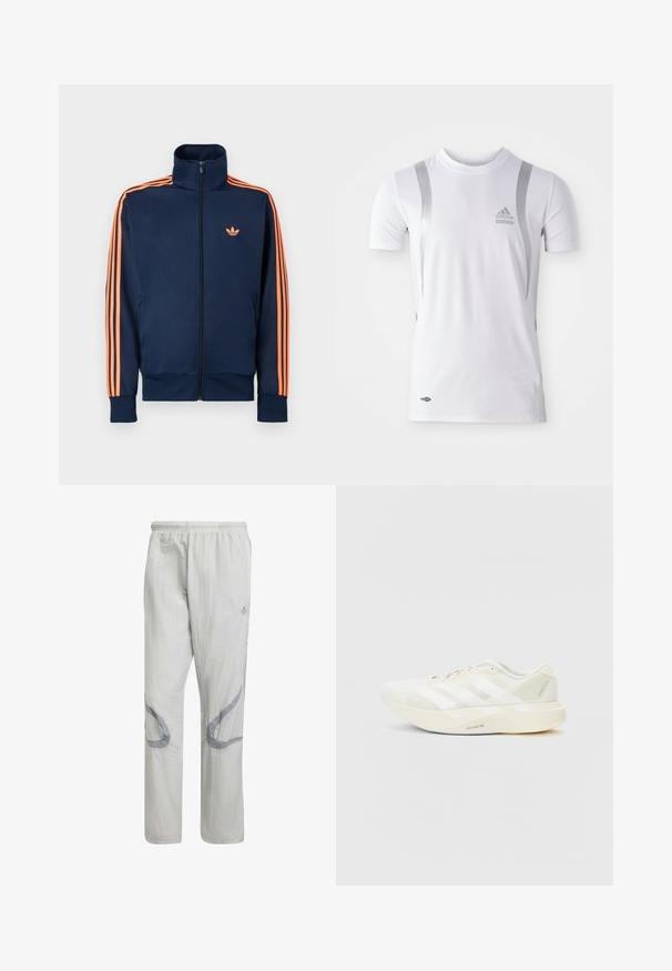 Veste de survêtement bleu marine avec fermeture éclair intégrale à l'avant, col montant, bandes orange le long des manches, et petit logo orange sur la poitrine.; T-shirt de sport blanc à manches courtes avec des accents argentés, présentant un col rond et un logo Adidas sur la poitrine. Fabriqué en tissu évacuant l'humidité.; Pantalons tissés gris clair avec une taille élastique et des motifs abstraits gris sur les côtés. Présente un design ample et à jambes droites.; Baskets blanches avec tige en mesh, présentant trois bandes blanches, un bout rond et une semelle claire étiquetée "LIGHTSTRIKE PRO."