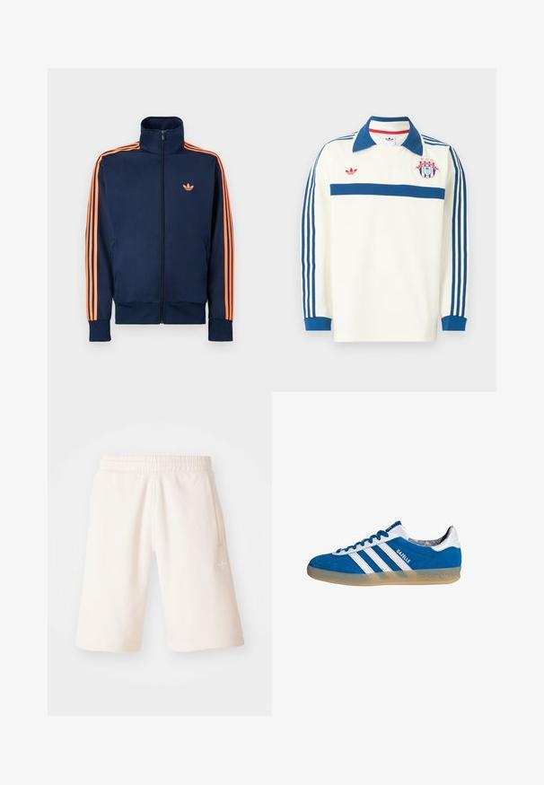 Marineblaue Trainingsjacke mit durchgehendem Frontreißverschluss, hohem Kragen, orangenen Streifen entlang der Ärmel und kleinem orangenen Logo auf der Brust.; Weißes langärmeliges Sporttrikot mit blauem Kragen, blauen Streifen an den Ärmeln, blauem Bruststreifen, rotem Logo und einem Wappenschild mit Sternen auf der Brust.; Cremfarbene Baumwollshorts mit einem elastischen Bund, seitlichen Taschen und einem dezenten Logo am linken Bein. Glatte Textur und knielanges Design.; Blauer und weißer Adidas Gazelle Sneaker mit Gummisohle und drei weißen Streifen, aus der Seitenansicht auf weißem Hintergrund.