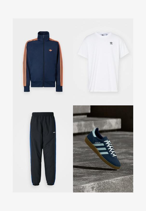 Marineblå sportstrøje med fuld lynlås foran, høj krave, orange striber langs ærmerne og lille orange logo på brystet.; Hvid bomulds T-shirt med korte ærmer, rund halsudskæring og et sort Adidas-logo med tre striber på venstre brystområde.; Sorte atletiske bukser med elastisk talje, blå sideløb, lynlåslommer og tætsiddende benafslutninger for en stram pasform. Lavet af let materiale.; Blå Adidas Spezial sneaker med hvide striber og snørebånd, gummisål, svævende over en ru betongoverflade og trin i baggrunden.