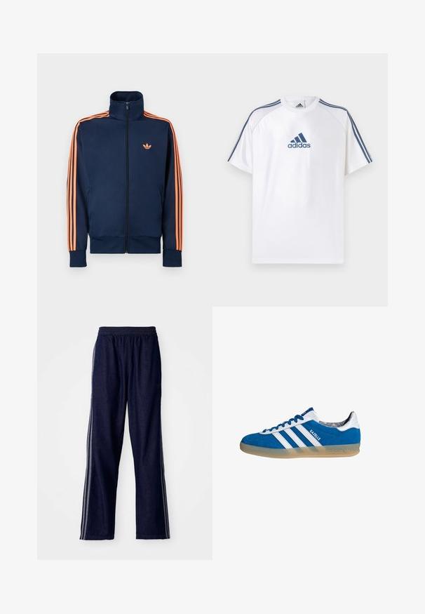 Marineblå sportstrøje med fuld lynlås foran, høj krave, orange striber langs ærmerne og lille orange logo på brystet.; Hvid Adidas T-shirt med blå accenter, korte ærmer og rund hals. Har Adidas-logoet i blå på fronten og tre striber på skuldrene.; Mørkeblå træningsbukser med elastisk talje, der har tre hvide sidestriber og en lige benudskæring. Blød denimtekstur.; Blå og hvide Adidas Gazelle sneaker med gummisål og tre hvide striber, set fra siden på en hvid baggrund.