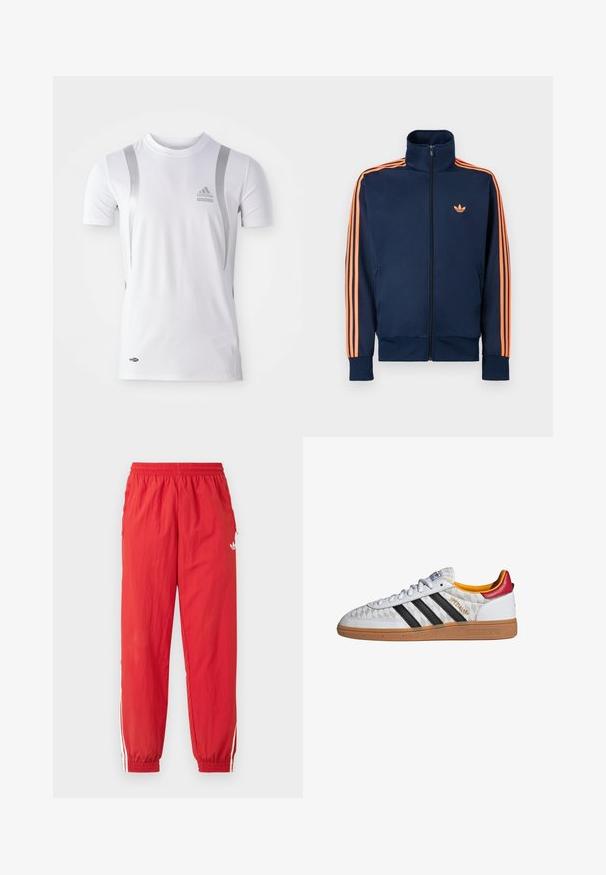 Marineblå sportstrøje med fuld lynlås foran, høj krave, orange striber langs ærmerne og lille orange logo på brystet.; Hvid kortærmet træningsskjorte med sølvdetaljer, med rund hals og et Adidas-logo på brystet. Lavet af fugttransporterende materiale.; Røde atletikbukser af letvægtsmateriale med elastisk taljebånd, hvide sideliver og et lille logo på det øverste ben.; Hvid Adidas Spezial sneaker med sorte striber, gummisål, quiltet mønster, rød hælflap og gul inderfor, set fra siden.
