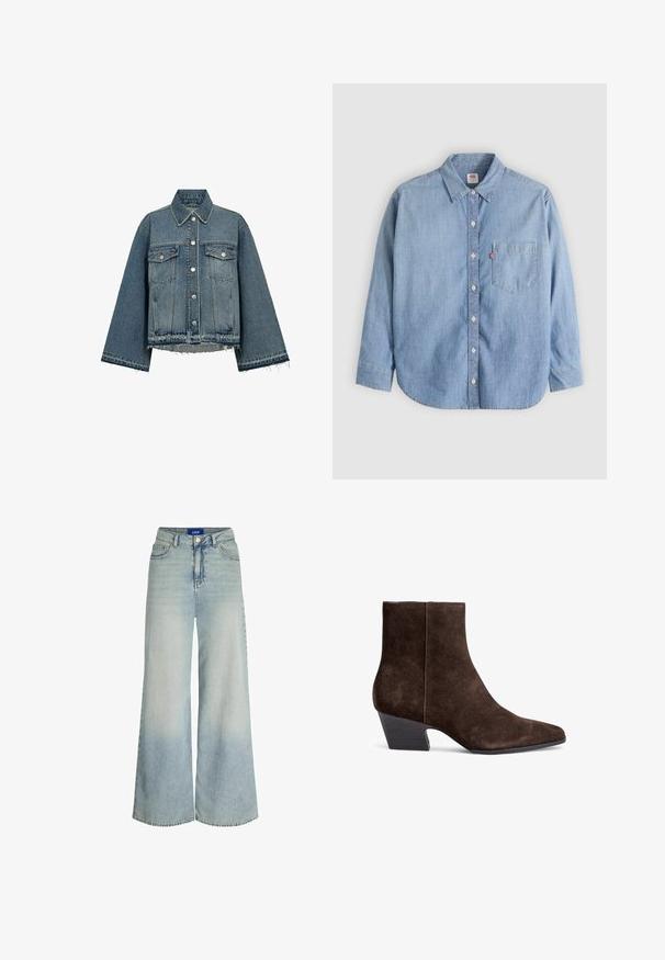 Denimjakke i lyseblå farve, med krave, lange ærmer, knaplukning, to brystlommer og frynsekanter.; Lyseblå denimskjorte med button-down-krave, forlompe og lange ærmer. Har en buet kant og en subtil tekstur.; Vidde jeans lavet af lyseblåt denim, med høj talje, fem lomme-design og subtilt falmning i stoffets tekstur.; Brune ruskind ankelstøvler med spidse tæer, mellemhøj blokhælt og minimal syning for et elegant udseende.