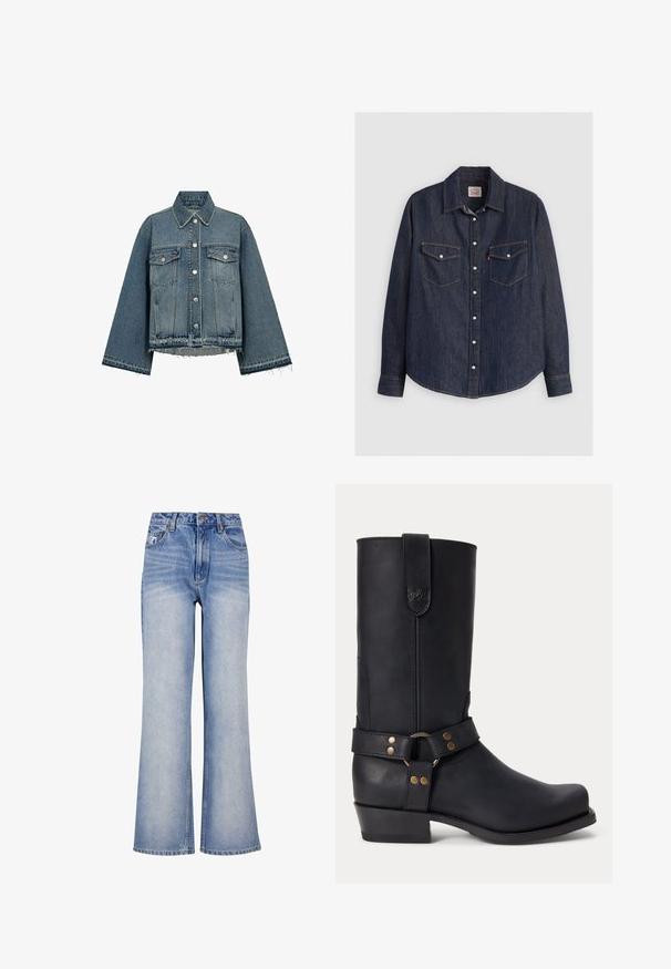 Denimjakke i lyseblå farve, med krave, lange ærmer, knaplukning, to brystlommer og frynsekanter.; Mørkeblå denimskjorte med lange ærmer, knaplukning fortil, to brystlommer med klapper og kontrasterende gule sømme.; Lys blå denim bred-benede jeans har høj talje, knaplukning, diskret slidmærker og et klassisk fem-lomme design.; Sort læder mellemhøje støvler med lav hæl, rund tå og dekorativ rem med metalnitter og ring omkring anklen.