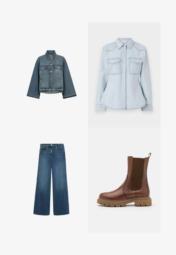 Denimjakke i lyseblå farve, med krave, lange ærmer, knaplukning, to brystlommer og frynsekanter.; Lyseblå denimskjorte med tætsiddende design, spids krave, to brystlommer og kontraststing. Har knaplukning og lange ærmer.; Bredde ben jeans i mørkeblå denim med kontrasterende hvid sying, fem-lomme design og en knaplukning i taljen.; Brune læder ankelstøvle med elastiske paneler og en trækflap. Har en kraftig gummisål og synlige stikninger langs kanterne.