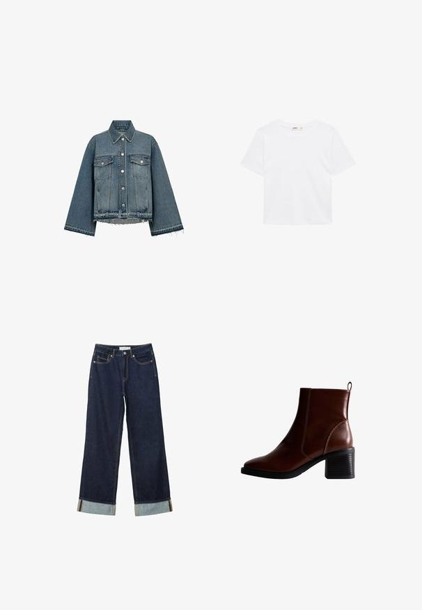 Jeansjacke in Hellblau mit Kragen, langen Ärmeln, Knopfverschluss, zwei Brusttaschen und fransigem Saum.; Einfaches weißes Kurzarm-T-Shirt mit Rundhalsausschnitt, regulärer Passform und ohne sichtbare Muster oder Logos.; Dunkelblaue, weit geschnittene Jeans mit hoher Taille, ausgestattet mit aufgerollten Säumen, Kontrastnähten und einem Fünf-Taschen-Design. Hergestellt aus Denim-Stoff.; Braune Leder-Ankle-Boots mit quadratförmiger Spitze und seitlicher Naht, einem 7,5 cm hohen Blockabsatz und einem Ziehhilfen an der Rückseite für einfaches An- und Ausziehen.