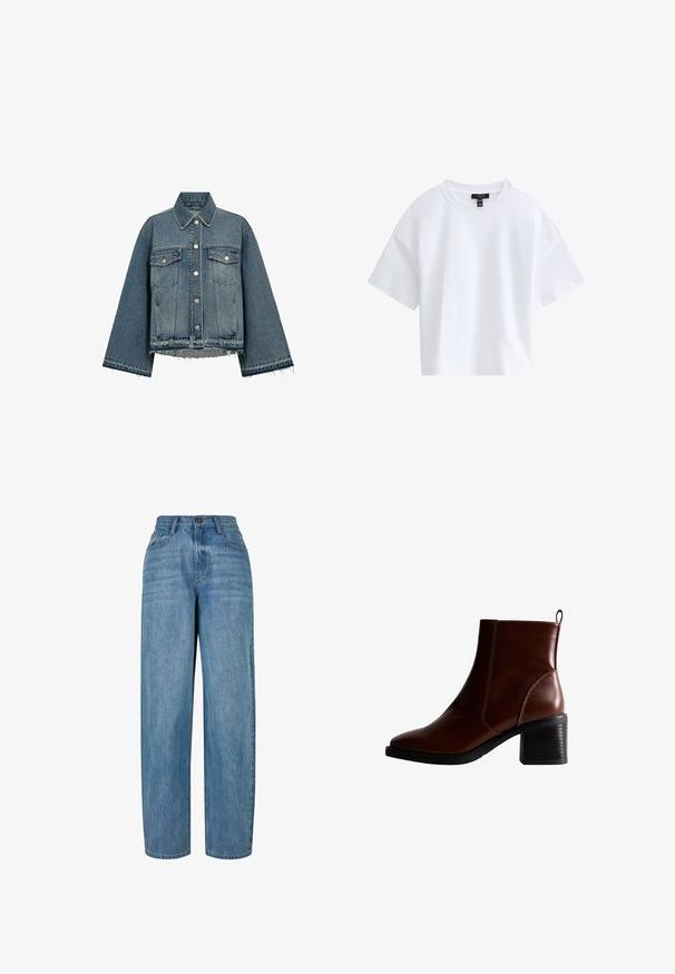 Denimjakke i lyseblå farve, med krave, lange ærmer, knaplukning, to brystlommer og frynsekanter.; Simpel hvid kortærmet crop top med rund halsudskæring og sort mærke indeni kraven.; Lyseblå denimjeans med lige ben-design, der har en knaplukning, fem lommer og subtilt slid i stoffet.; Brun læder ankelstøvle med firkantet tå og sidesøm, en 7,5 cm stablet hæl og en trækflap bagpå for nem påtagning.